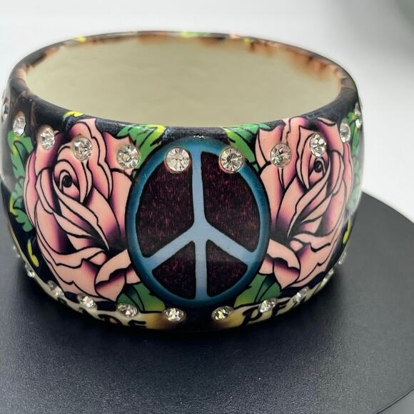 Ed Hardy Vintage Pink Roses Love Peace Tattoo Rhinestone Lucite Bangle Bracelet - Picture 9 of 9